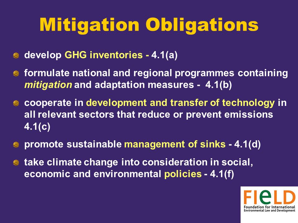 Mitigation Obligations develop GHG inventories - 4.1(a) formulate national and regional programmes containing mitigation and adaptation measures - 4.1(b) cooperate in development and transfer of technology in all relevant sectors that reduce or prevent emissions 4.1(c) promote sustainable management of sinks - 4.1(d) take climate change into consideration in social, economic and environmental policies - 4.1(f)