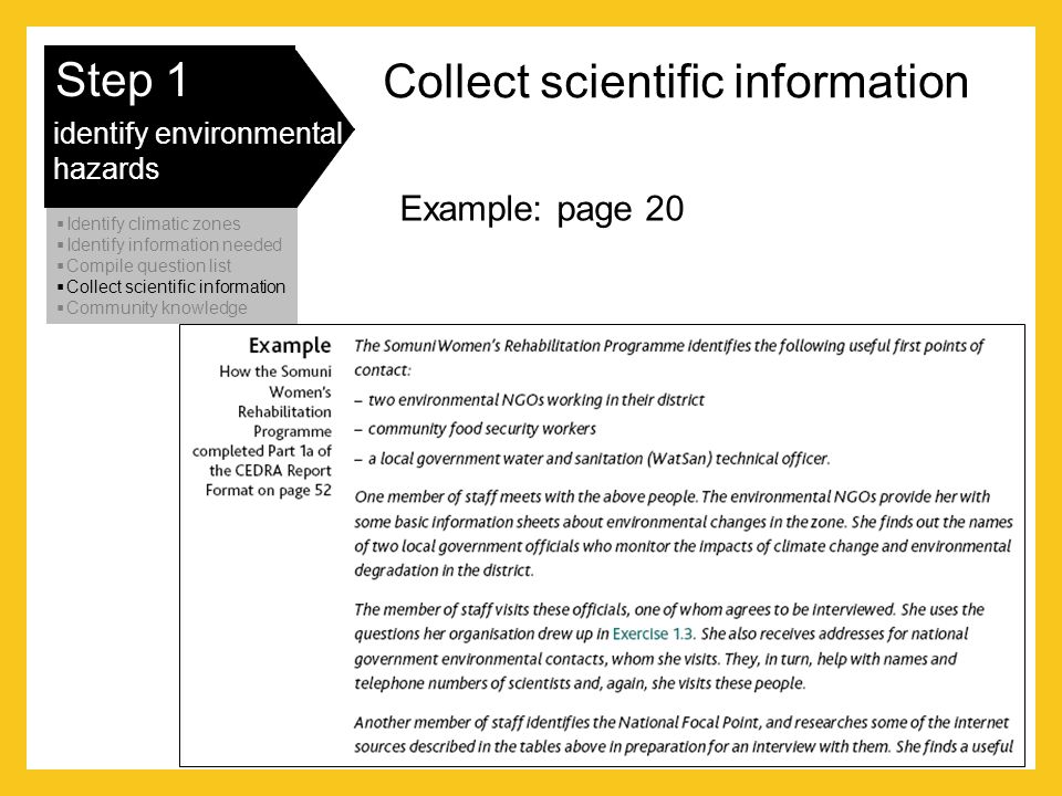 Step 1 identify environmental hazards Collect scientific information Example: page 20  Identify climatic zones  Identify information needed  Compile question list  Collect scientific information  Community knowledge