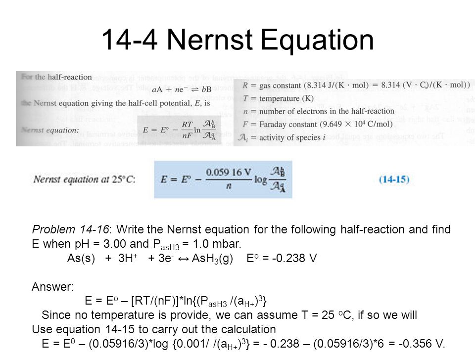 Chemistry Analytical Fall Lecture Chapter 14 14 4 Nernst Equation Problem 16 Write The For