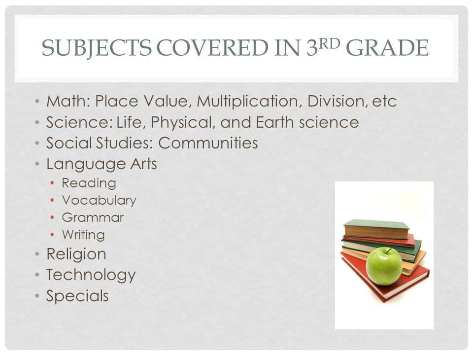 SUBJECTS COVERED IN 3 RD GRADE Math: Place Value, Multiplication, Division, etc Science: Life, Physical, and Earth science Social Studies: Communities Language Arts Reading Vocabulary Grammar Writing Religion Technology Specials