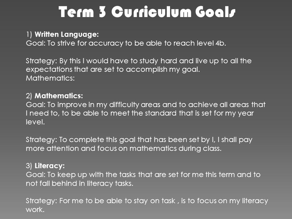Term 3 Curriculum Goals 1) Written Language: Goal: To strive for accuracy to be able to reach level 4b.
