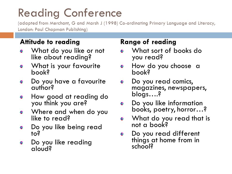 Reading Conference (adapted from Merchant, G and Marsh J (1998) Co-ordinating Primary Language and Literacy, London: Paul Chapman Publishing) Attitude to reading What do you like or not like about reading.