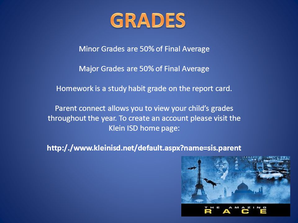 Minor Grades are 50% of Final Average Major Grades are 50% of Final Average Homework is a study habit grade on the report card.