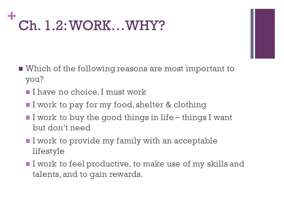 + Ch. 1.2: WORK…WHY. Which of the following reasons are most important to you.