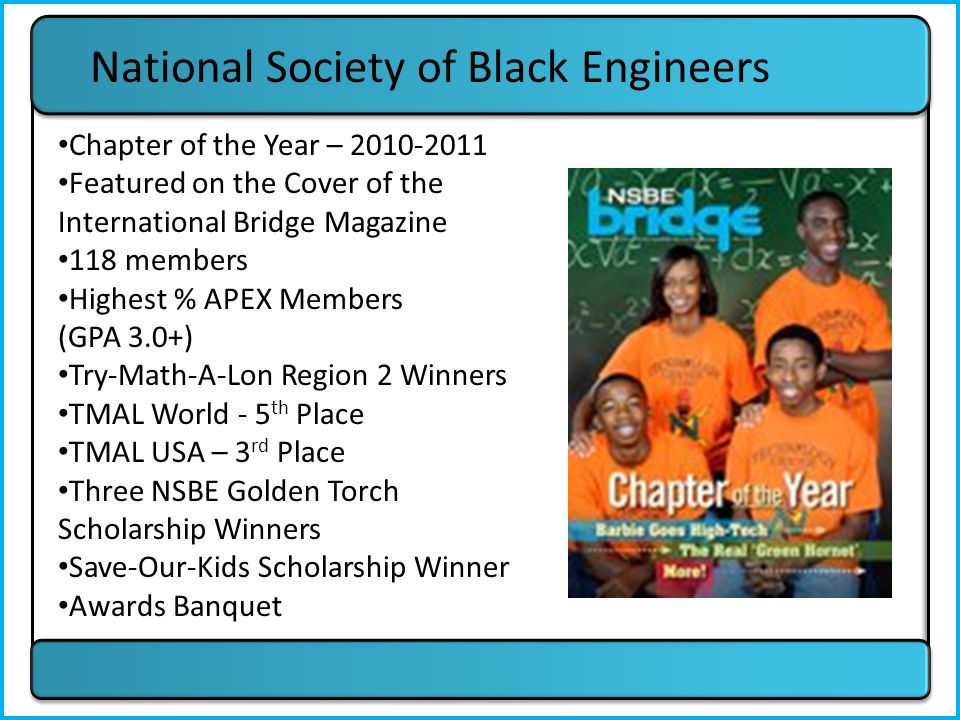 National Society of Black Engineers Chapter of the Year – Featured on the Cover of the International Bridge Magazine 118 members Highest % APEX Members (GPA 3.0+) Try-Math-A-Lon Region 2 Winners TMAL World - 5 th Place TMAL USA – 3 rd Place Three NSBE Golden Torch Scholarship Winners Save-Our-Kids Scholarship Winner Awards Banquet