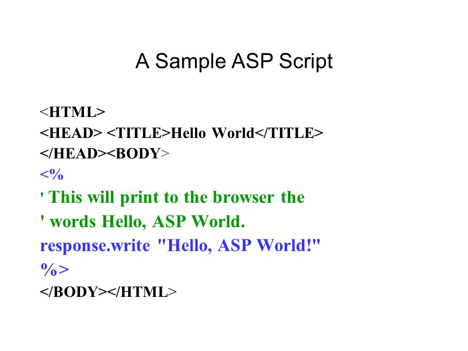 A Sample ASP Script Hello World <% This will print to the browser the words Hello, ASP World.