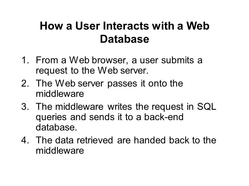 How a User Interacts with a Web Database 1.From a Web browser, a user submits a request to the Web server.