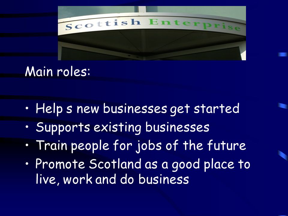 Scottish Enterprise Aim of this organisation is to help people and businesses to be successful.