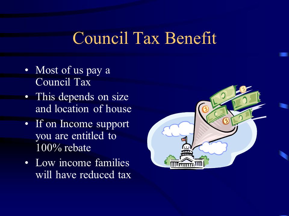 Housing Benefit For people on low incomes For unemployed Paid by the Local Council Helps to pay rent on Council Housing