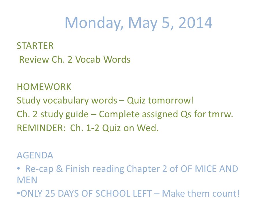 Monday, May 5, 2014 STARTER Review Ch.