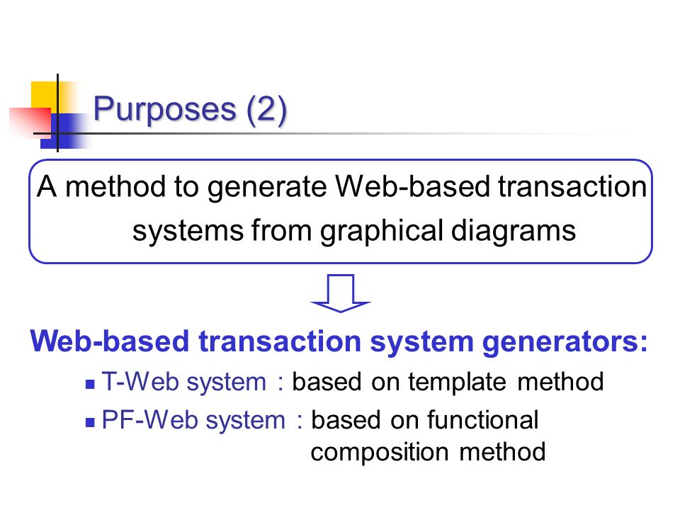 Purposes (2) Web-based transaction system generators: T-Web system : based on template method PF-Web system : based on functional composition method A method to generate Web-based transaction systems from graphical diagrams