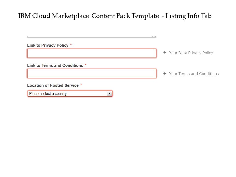 IBM Cloud Marketplace Content Pack Template - Listing Info Tab  Your Data Privacy Policy  Your Terms and Conditions