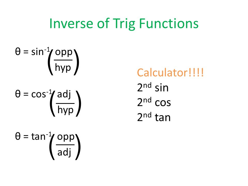Inverse of Trig Functions θ = sin -1 opp hyp θ = cos -1 adj hyp θ = tan -1 opp adj ( ) Calculator!!!.