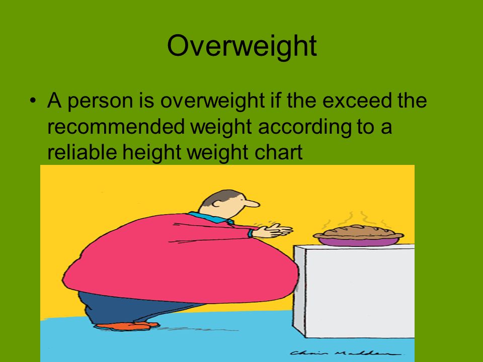 Overweight A person is overweight if the exceed the recommended weight according to a reliable height weight chart