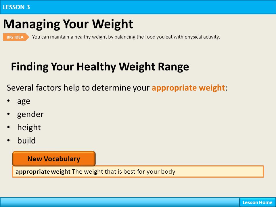 Finding Your Healthy Weight Range appropriate weight The weight that is best for your body LESSON 3 Managing Your Weight BIG IDEA You can maintain a healthy weight by balancing the food you eat with physical activity.
