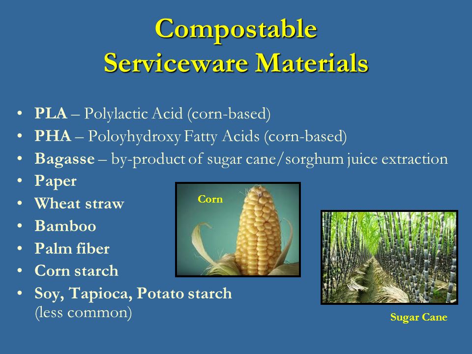 Compostable Serviceware Materials PLA – Polylactic Acid (corn-based) PHA – Poloyhydroxy Fatty Acids (corn-based) Bagasse – by-product of sugar cane/sorghum juice extraction Paper Wheat straw Bamboo Palm fiber Corn starch Soy, Tapioca, Potato starch (less common) Sugar Cane Corn