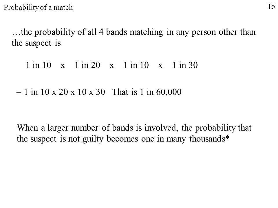 …the probability of all 4 bands matching in any person other than the suspect is 1 in 10 x 1 in 20 x 1 in 10 x 1 in 30 = 1 in 10 x 20 x 10 x 30 That is 1 in 60,000 When a larger number of bands is involved, the probability that the suspect is not guilty becomes one in many thousands* Probability of a match 15