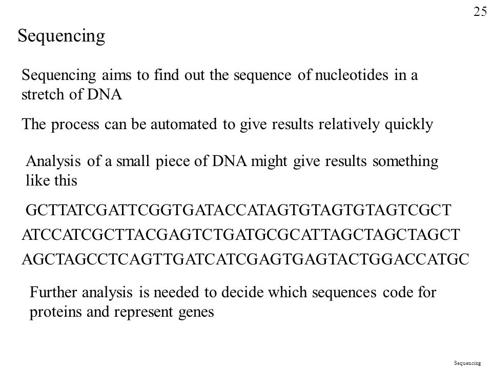 AGCTAGCCTCAGTTGATCATCGAGTGAGTACTGGACCATGC Sequencing Sequencing aims to find out the sequence of nucleotides in a stretch of DNA The process can be automated to give results relatively quickly Analysis of a small piece of DNA might give results something like this Further analysis is needed to decide which sequences code for proteins and represent genes Sequencing 25 GCTTATCGATTCGGTGATACCATAGTGTAGTGTAGTCGCT ATCCATCGCTTACGAGTCTGATGCGCATTAGCTAGCTAGCT