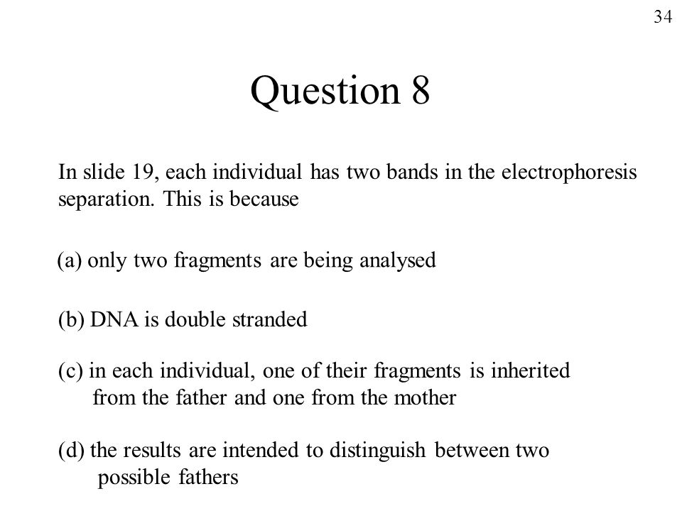 Question 8 In slide 19, each individual has two bands in the electrophoresis separation.