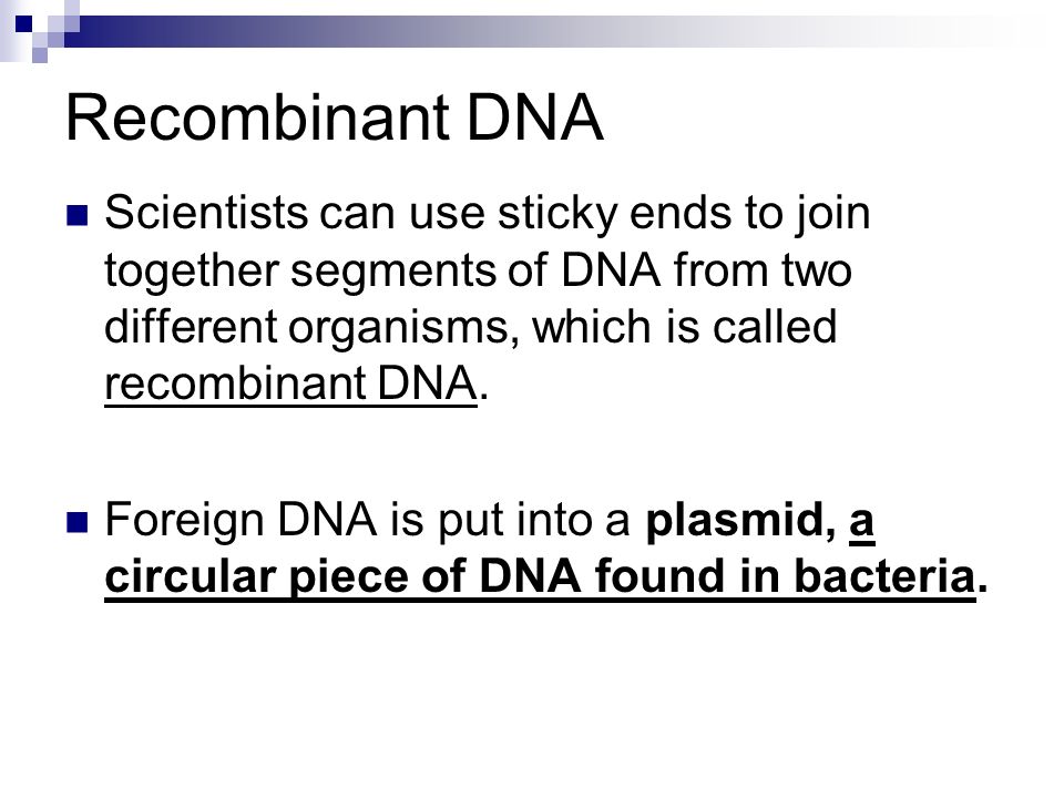 Recombinant DNA Scientists can use sticky ends to join together segments of DNA from two different organisms, which is called recombinant DNA.
