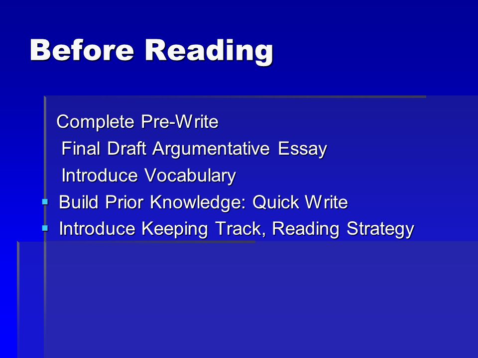 Before Reading Complete Pre-Write Complete Pre-Write Final Draft Argumentative Essay Final Draft Argumentative Essay Introduce Vocabulary Introduce Vocabulary  Build Prior Knowledge: Quick Write  Introduce Keeping Track, Reading Strategy