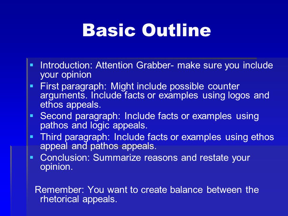 Basic Outline   Introduction: Attention Grabber- make sure you include your opinion   First paragraph: Might include possible counter arguments.