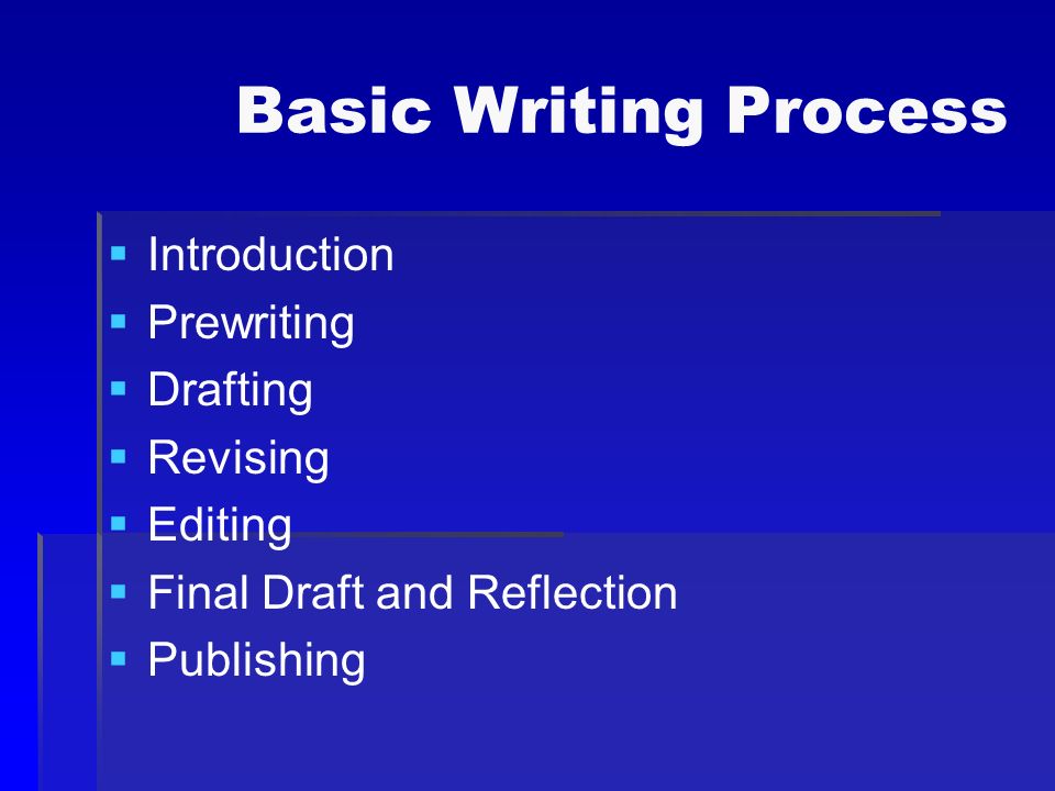 Basic Writing Process   Introduction   Prewriting   Drafting   Revising   Editing   Final Draft and Reflection   Publishing