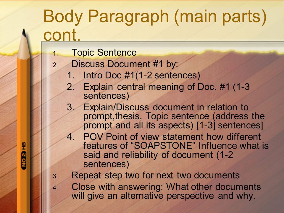 Body Paragraph (main parts) cont. 1. Topic Sentence 2.
