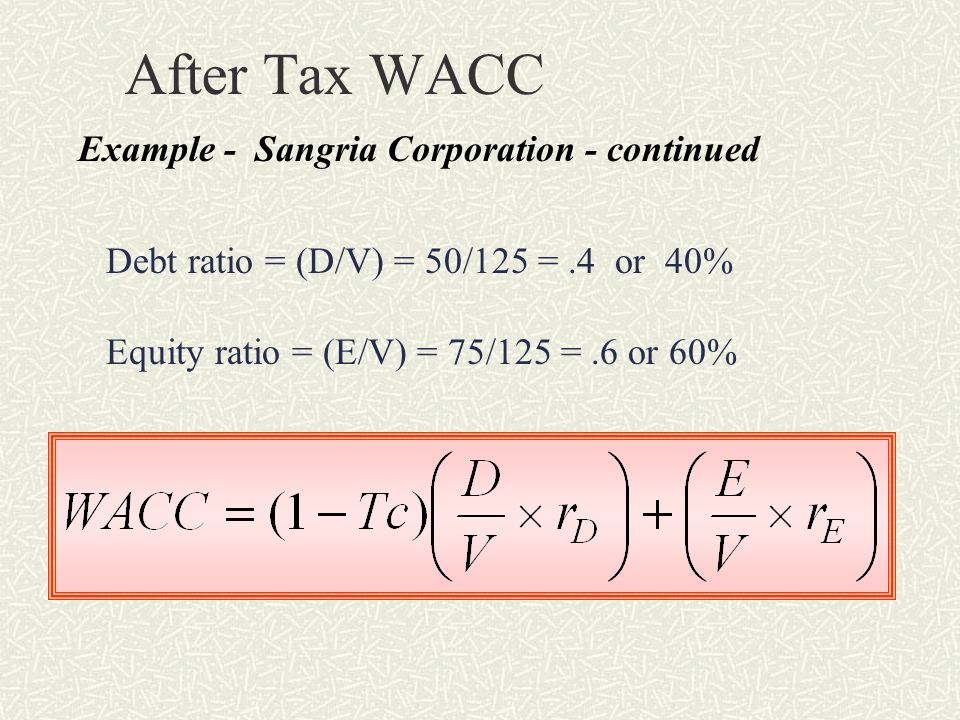 Corporate Finance Vi Escp Eap European Executive Mba Dec 2005 7 After Tax Wacc Example Sangria Corporation Continued Debt Ratio D V 50 125 4 Or 40 Equity E 75 6 60