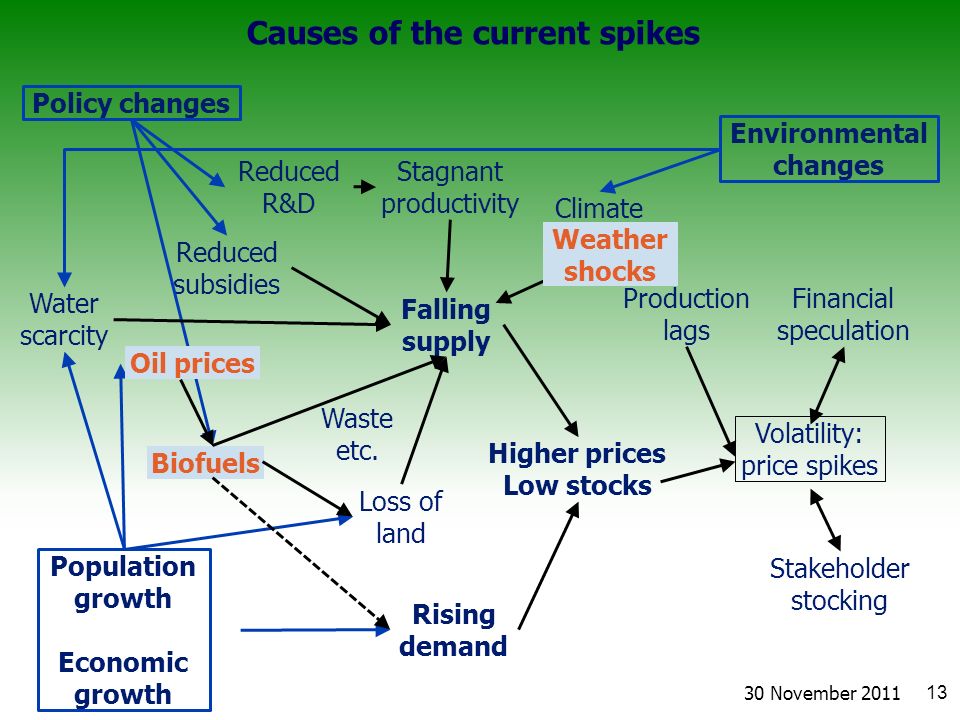 Causes of the current spikes Volatility: price spikes Stakeholder stocking Financial speculation Production lags Loss of land Oil prices Population growth Economic growth Rising demand Policy changes Biofuels Reduced subsidies Reduced R&D Oil prices Biofuels Climate change Water scarcity Environmental changes Higher prices Low stocks Stagnant productivity Falling supply Weather shocks Waste etc.