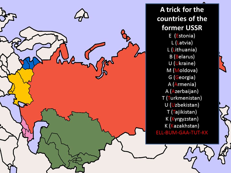 A trick for the countries of the former USSR E (Estonia) L (Latvia) L (Lithuania) B (Belarus) U (Ukraine) M (Moldova) G (Georgia) A (Armenia) A (Azerbaijan) T (Turkmenistan) U (Uzbekistan) T (Tajikistan) K (Kyrgyzstan) K (Kazakhstan) ELL-BUM-GAA-TUT-KK