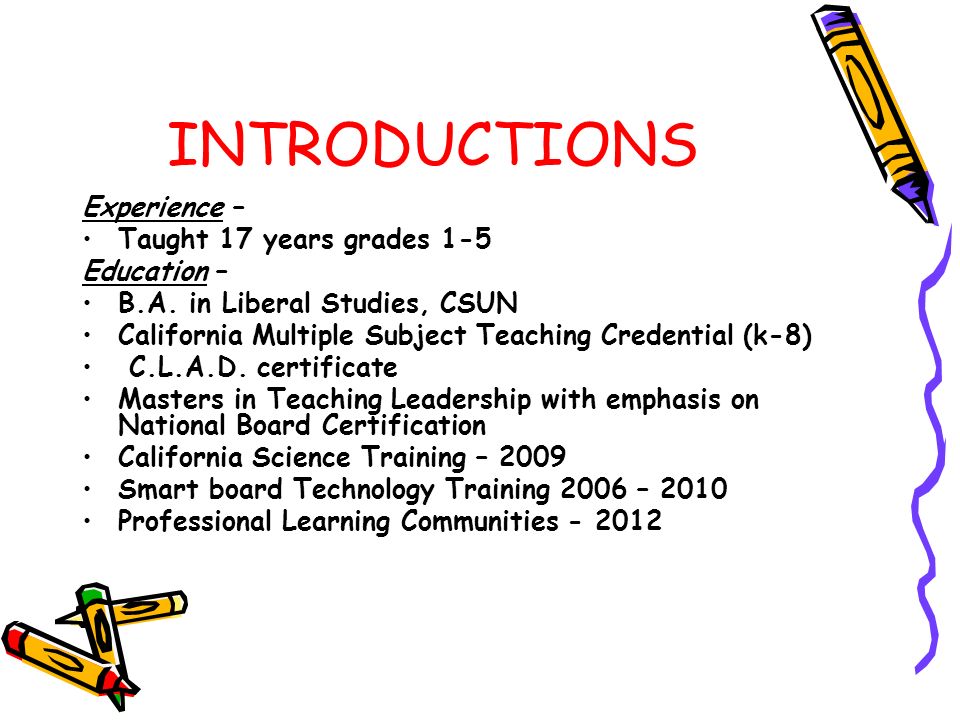 INTRODUCTIONS Experience – Taught 17 years grades 1-5 Education – B.A.