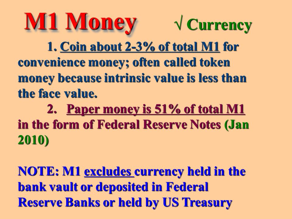 M1 Money Currency (held outside of banks)Currency (held outside of banks) Demand DepositsDemand Deposits Traveler ’ s checksTraveler ’ s checks Other checkable depositsOther checkable deposits – Money Market Funds