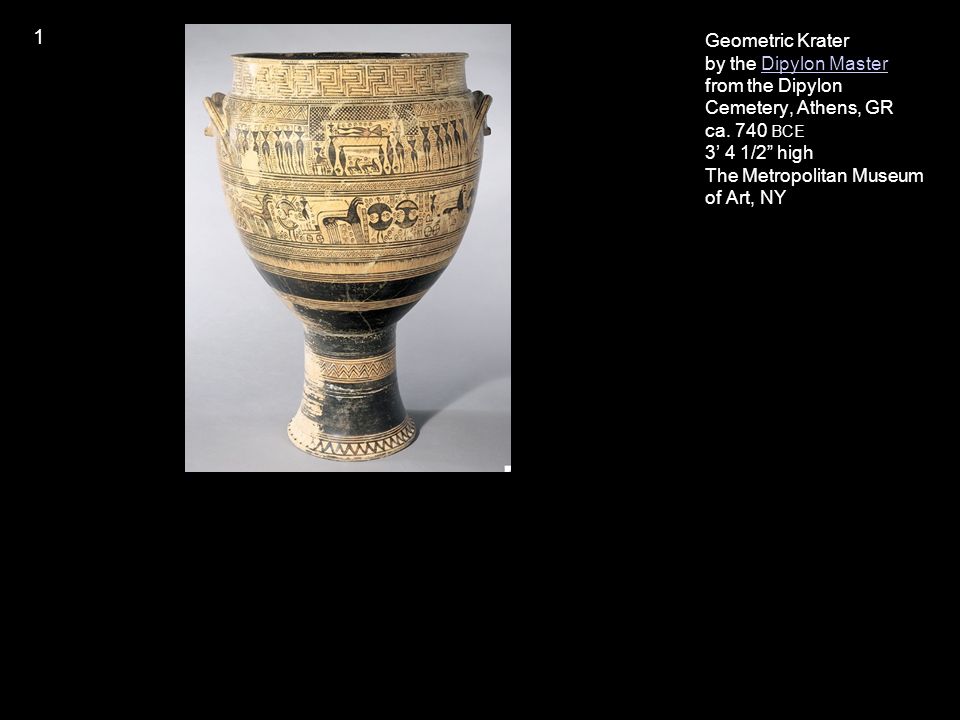 geometric krater Geometric krater one of the famous funerary pots made by the dipylon master at the end of the geometric period found in the kerameikos cemetery this krater depicts one of the first human figures seen since the collapse of the mycenaean bronze age culture and represents the beginning of the reemergence of greece from. geometric krater Geometric krater one of the famous funerary pots made by the dipylon master at the end of the geometric period found in the kerameikos cemetery this krater depicts one of the first human figures seen since the collapse of the mycenaean bronze age culture and represents the beginning of the reemergence of greece from.