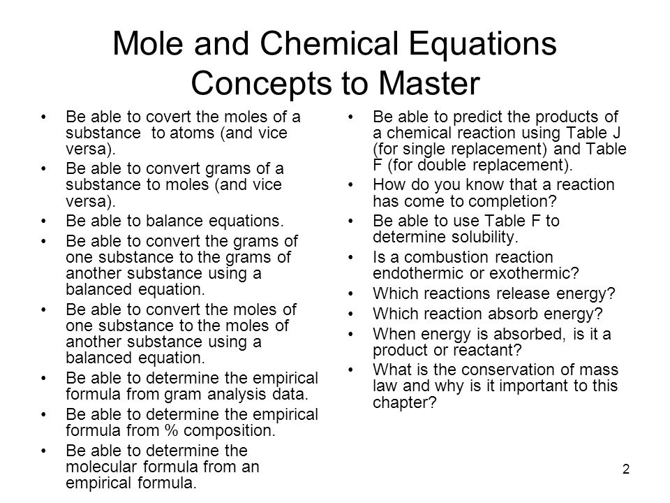 1 The Mole And Chemical Equations 2 2 Mole And Chemical Equations Concepts To Master Be Able Covert The Moles Of A