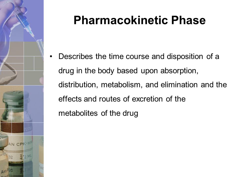 Pharmacokinetic Phase Describes the time course and disposition of a drug in the body based upon absorption, distribution, metabolism, and elimination and the effects and routes of excretion of the metabolites of the drug