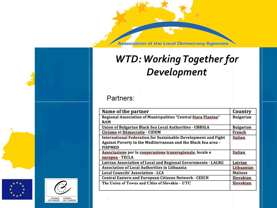 Strasbourg 05/06/07 Strasbourg 31/07/07 WTD: Working Together for Development Partners: