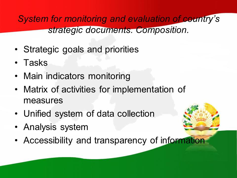 System for monitoring and evaluation of country’s strategic documents.