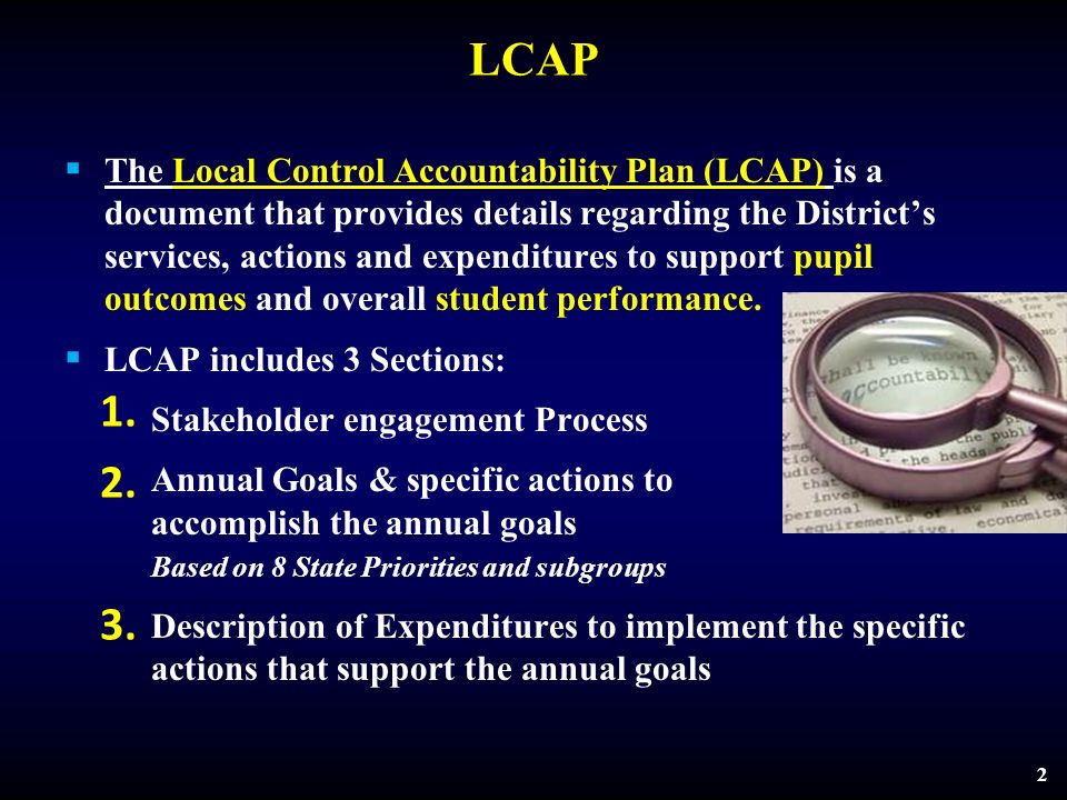 LCAP  The Local Control Accountability Plan (LCAP) is a document that provides details regarding the District’s services, actions and expenditures to support pupil outcomes and overall student performance.