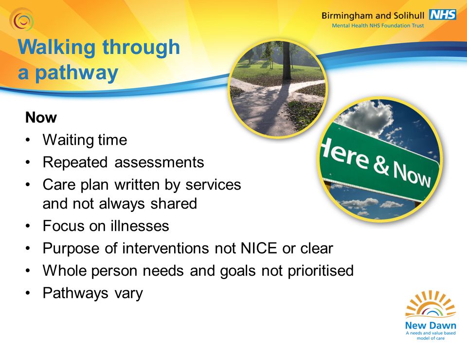 Walking through a pathway Now Waiting time Repeated assessments Care plan written by services and not always shared Focus on illnesses Purpose of interventions not NICE or clear Whole person needs and goals not prioritised Pathways vary