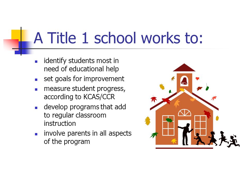 A Title 1 school works to: identify students most in need of educational help set goals for improvement measure student progress, according to KCAS/CCR develop programs that add to regular classroom instruction involve parents in all aspects of the program