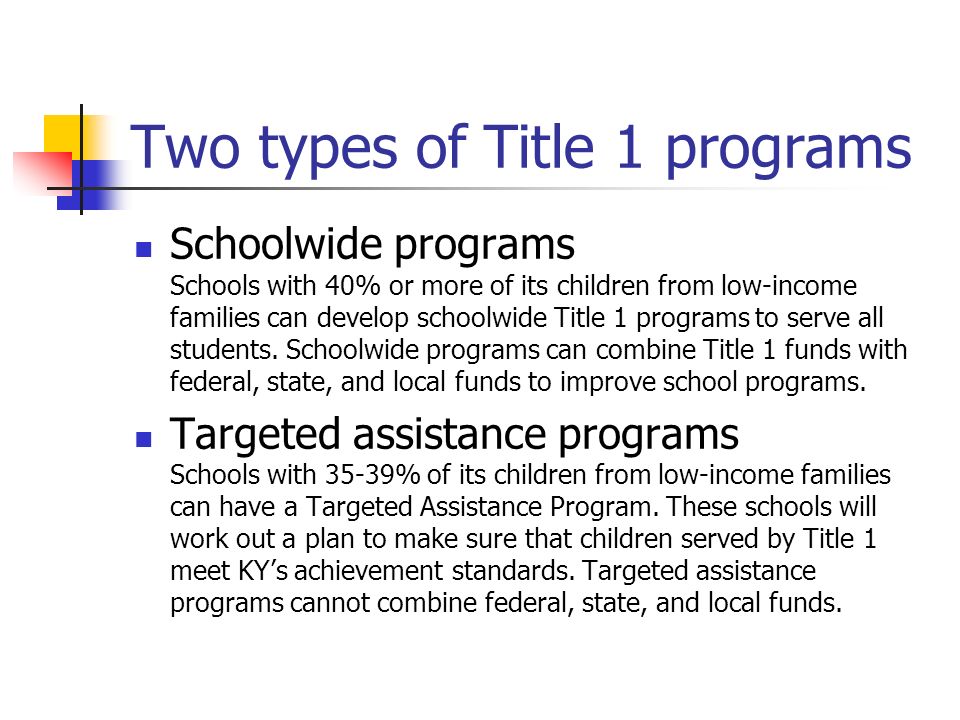Two types of Title 1 programs Schoolwide programs Schools with 40% or more of its children from low-income families can develop schoolwide Title 1 programs to serve all students.