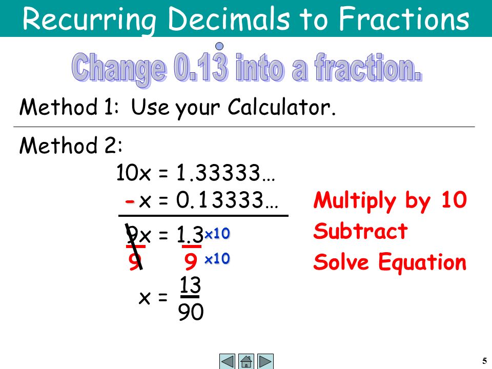 5 Recurring Decimals to Fractions Method 1: Use your Calculator.