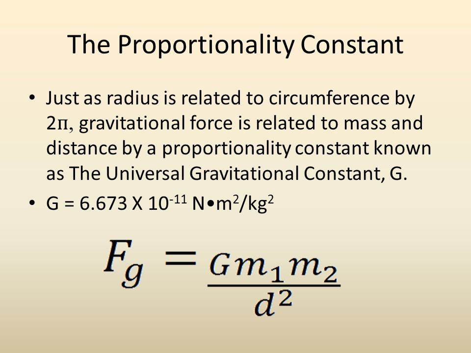 The Proportionality Constant Just as radius is related to circumference by 2, gravitational force is related to mass and distance by a proportionality constant known as The Universal Gravitational Constant, G.