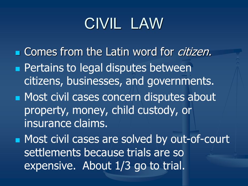 CIVIL LAW Comes from the Latin word for citizen. Comes from the Latin word for citizen.