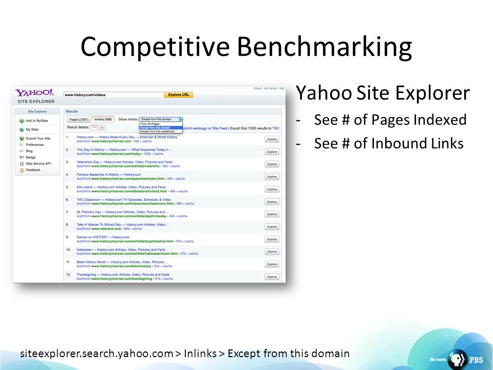Competitive Benchmarking Yahoo Site Explorer -See # of Pages Indexed -See # of Inbound Links siteexplorer.search.yahoo.com > Inlinks > Except from this domain