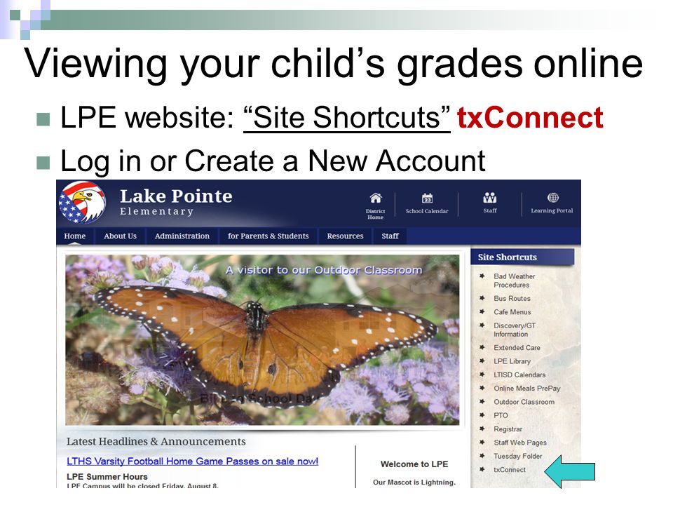 Viewing your child’s grades online LPE website: Site Shortcuts txConnect Log in or Create a New Account
