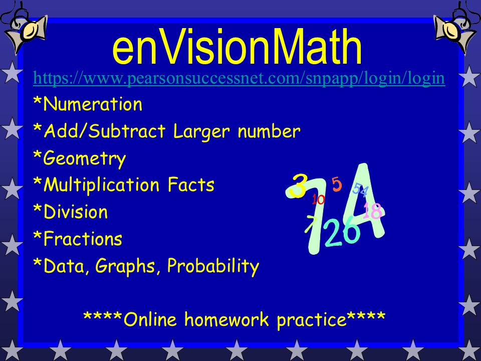 *Numeration *Add/Subtract Larger number *Geometry *Multiplication Facts *Division *Fractions *Data, Graphs, Probability ****Online homework practice****
