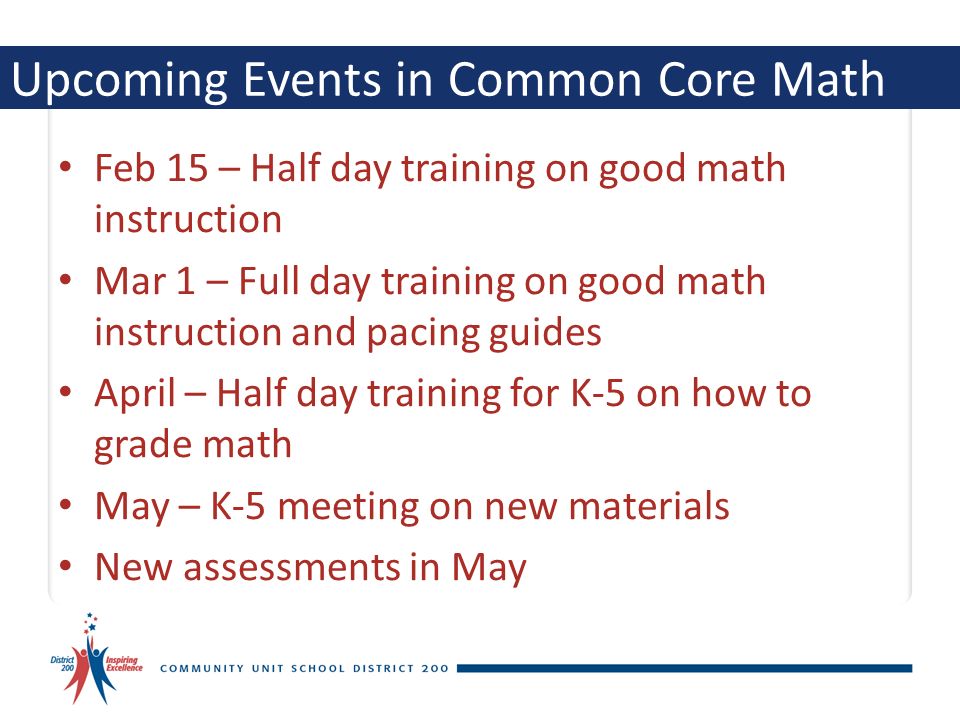 Upcoming Events in Common Core Math Feb 15 – Half day training on good math instruction Mar 1 – Full day training on good math instruction and pacing guides April – Half day training for K-5 on how to grade math May – K-5 meeting on new materials New assessments in May