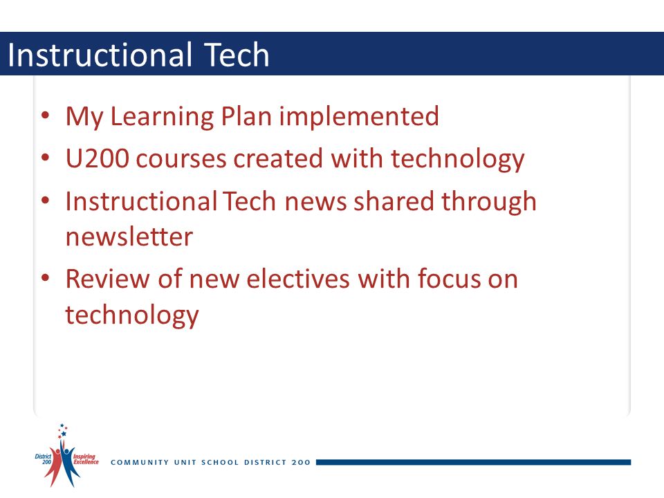 Instructional Tech My Learning Plan implemented U200 courses created with technology Instructional Tech news shared through newsletter Review of new electives with focus on technology